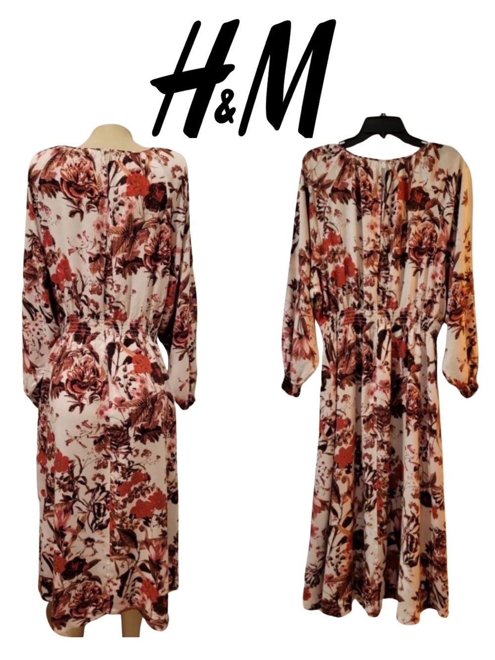 H&M Cream Floral Long Sleeve Midi Dress with Rust and Brown Accents